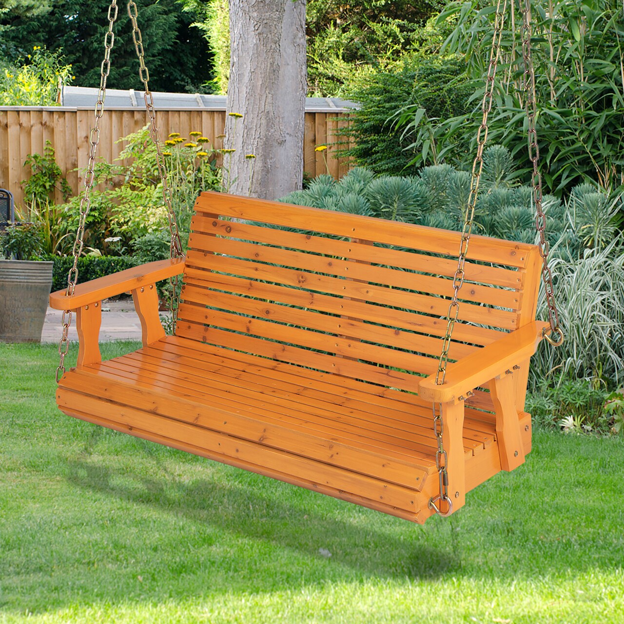 Costway Porch Swing Wood Outdoor Patio Hanging Bench Chair for Garden Backyard White/orange